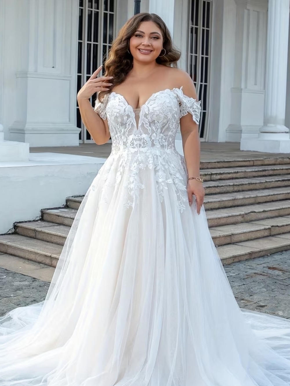 Plus Size Romantic Off-Shoulder White Lace Wedding Dress Bridal Gown